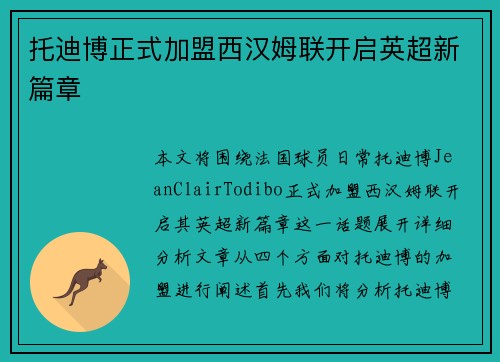 托迪博正式加盟西汉姆联开启英超新篇章